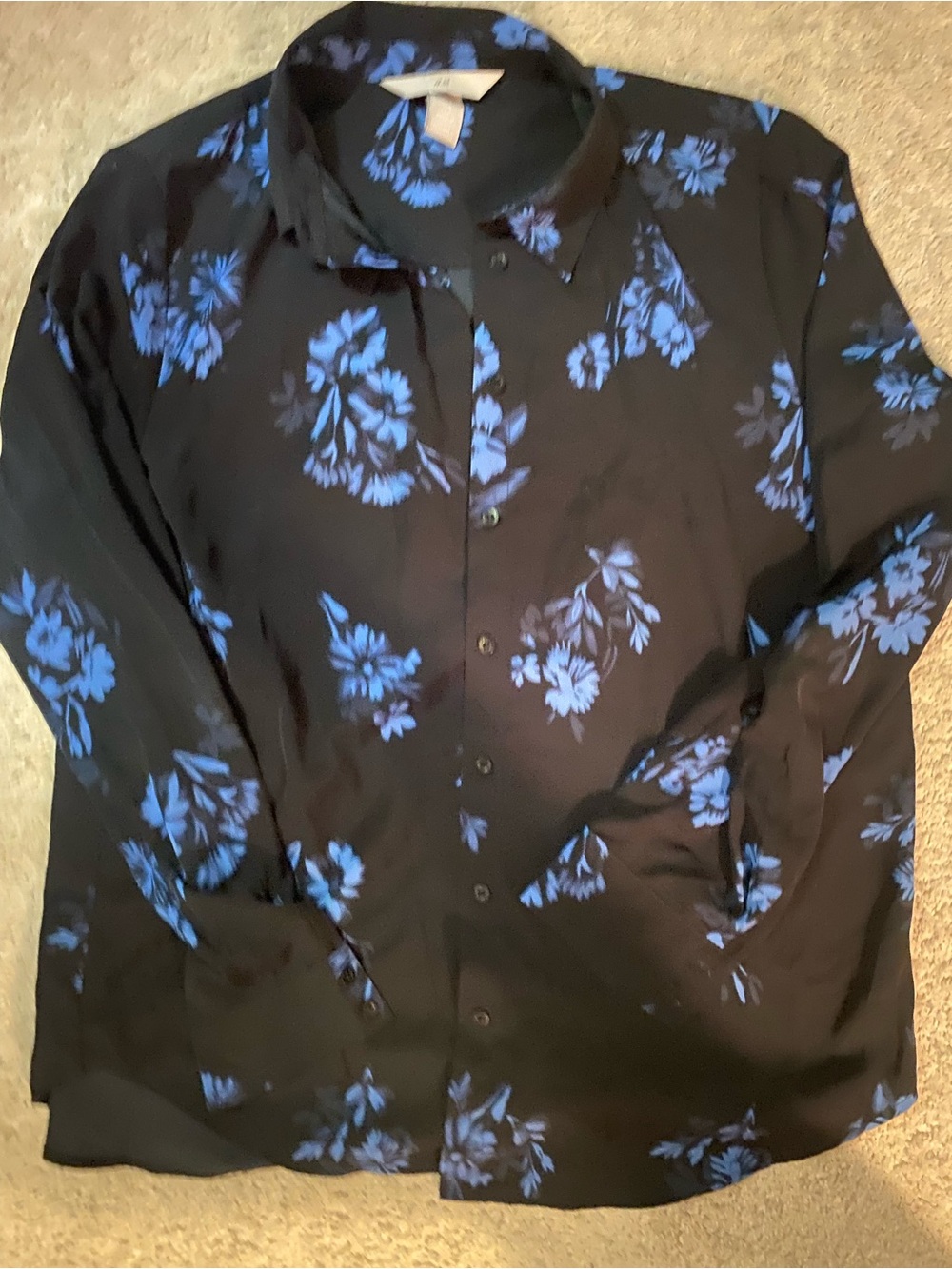Black Button-Down Shirt with Blue Floral Print